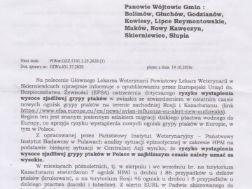 Komunikat w sprawie wysokiego ryzyka wystąpienia wysoce zjadliwej grypy ptaków, A. Pruszkowska